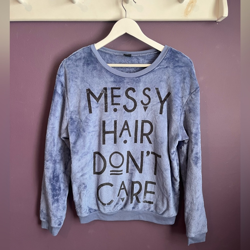 Cold Crush Messy Hair Don’t Care Blue Sweater